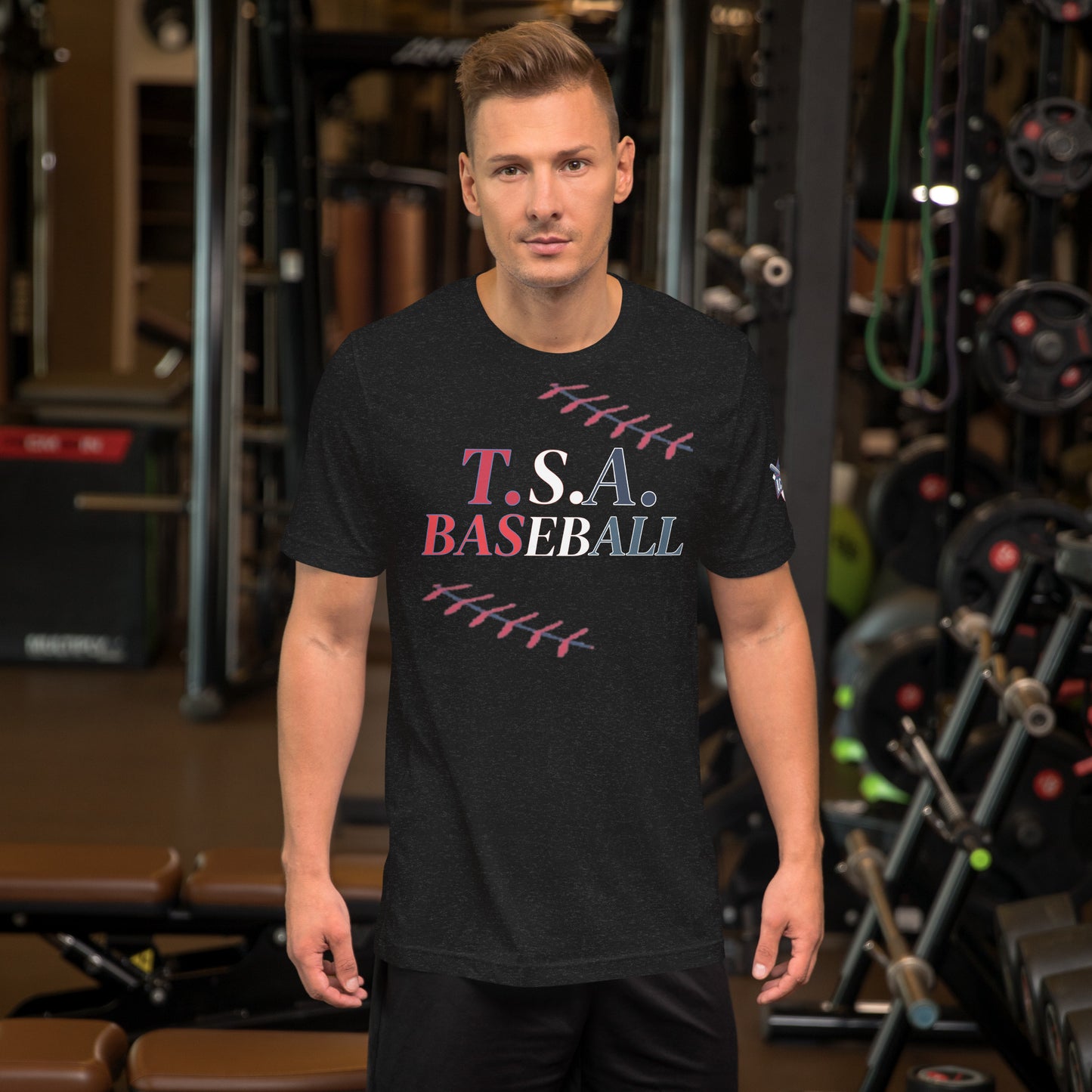 T.S.A. Baseball. "With seams" red,white, and blue. Unisex t-shirt