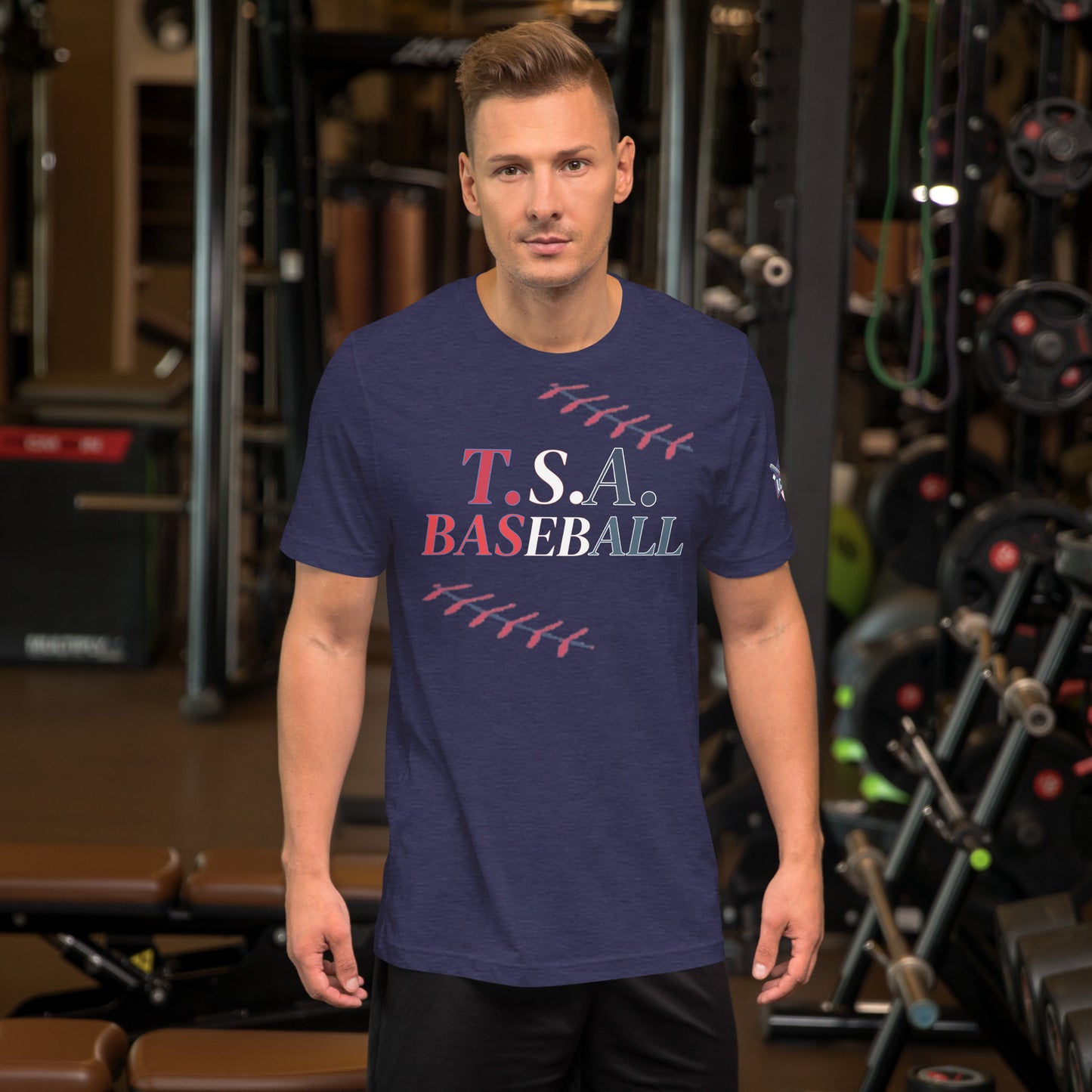 T.S.A. Baseball. "With seams" red,white, and blue. Unisex t-shirt