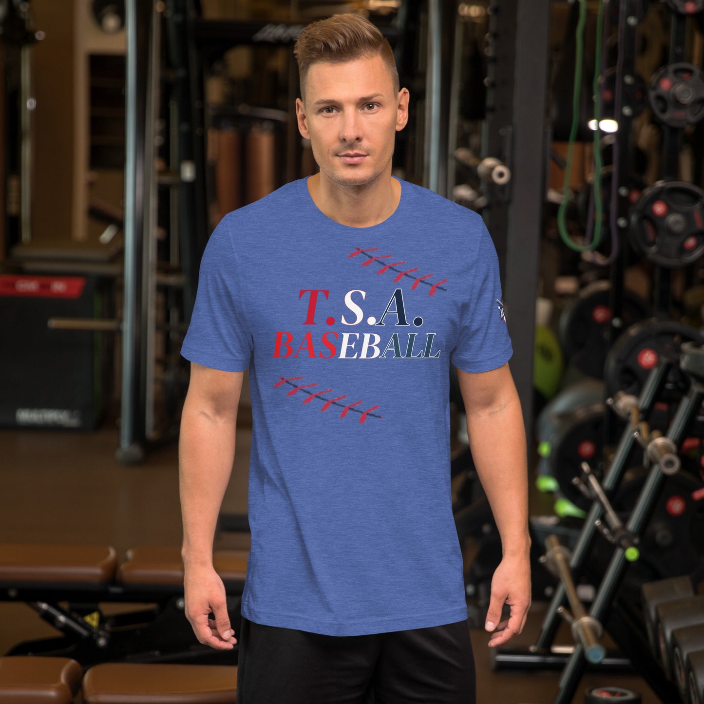 T.S.A. Baseball. "With seams" red,white, and blue. Unisex t-shirt
