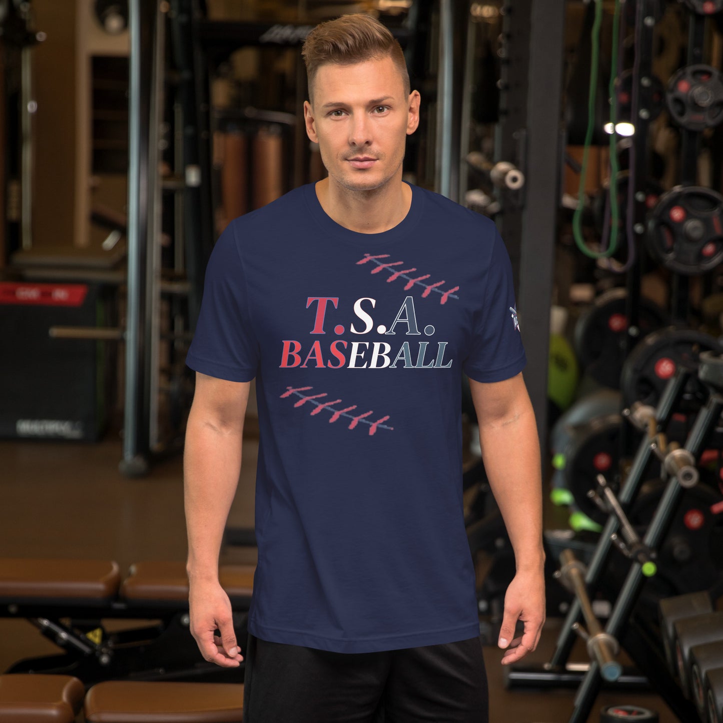 T.S.A. Baseball. "With seams" red,white, and blue. Unisex t-shirt