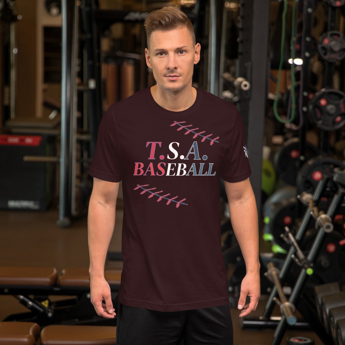 T.S.A. Baseball. "With seams" red,white, and blue. Unisex t-shirt