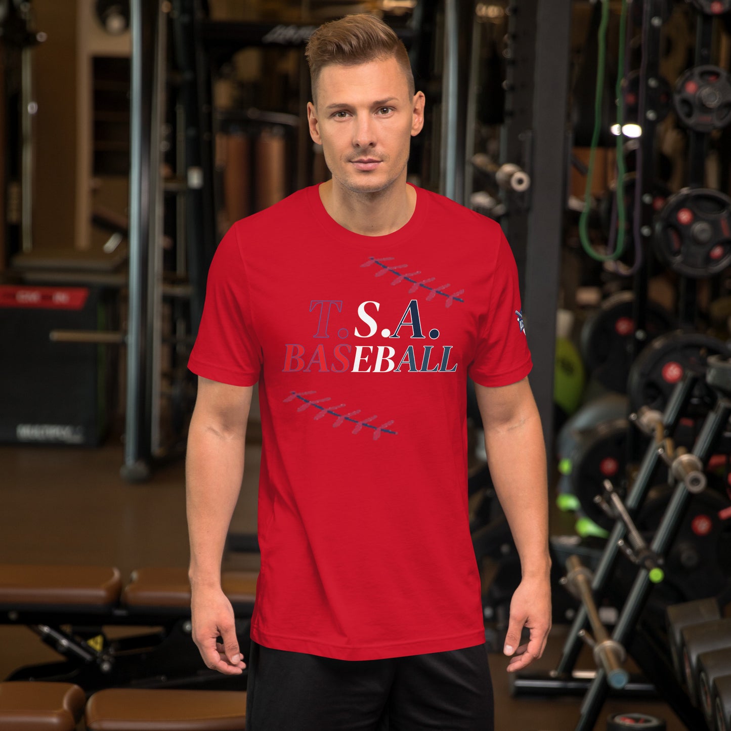 T.S.A. Baseball. "With seams" red,white, and blue. Unisex t-shirt