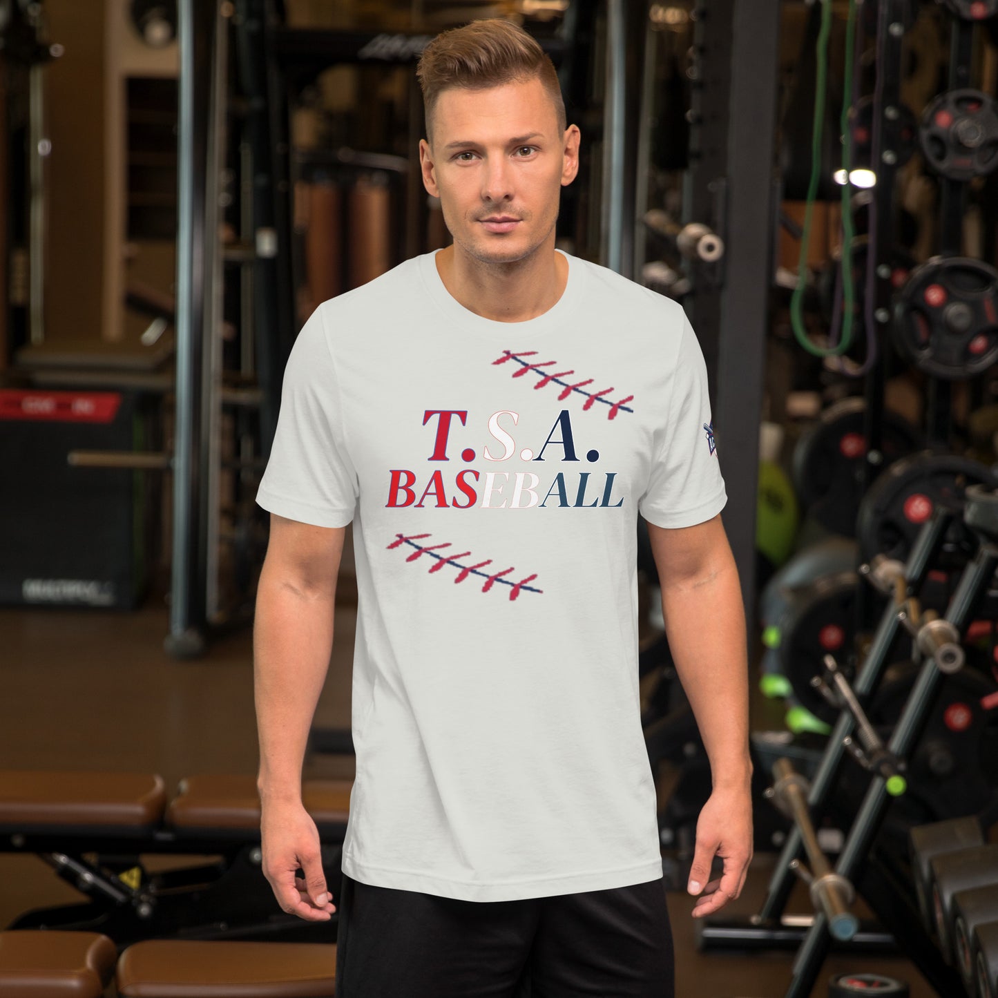 T.S.A. Baseball. "With seams" red,white, and blue. Unisex t-shirt