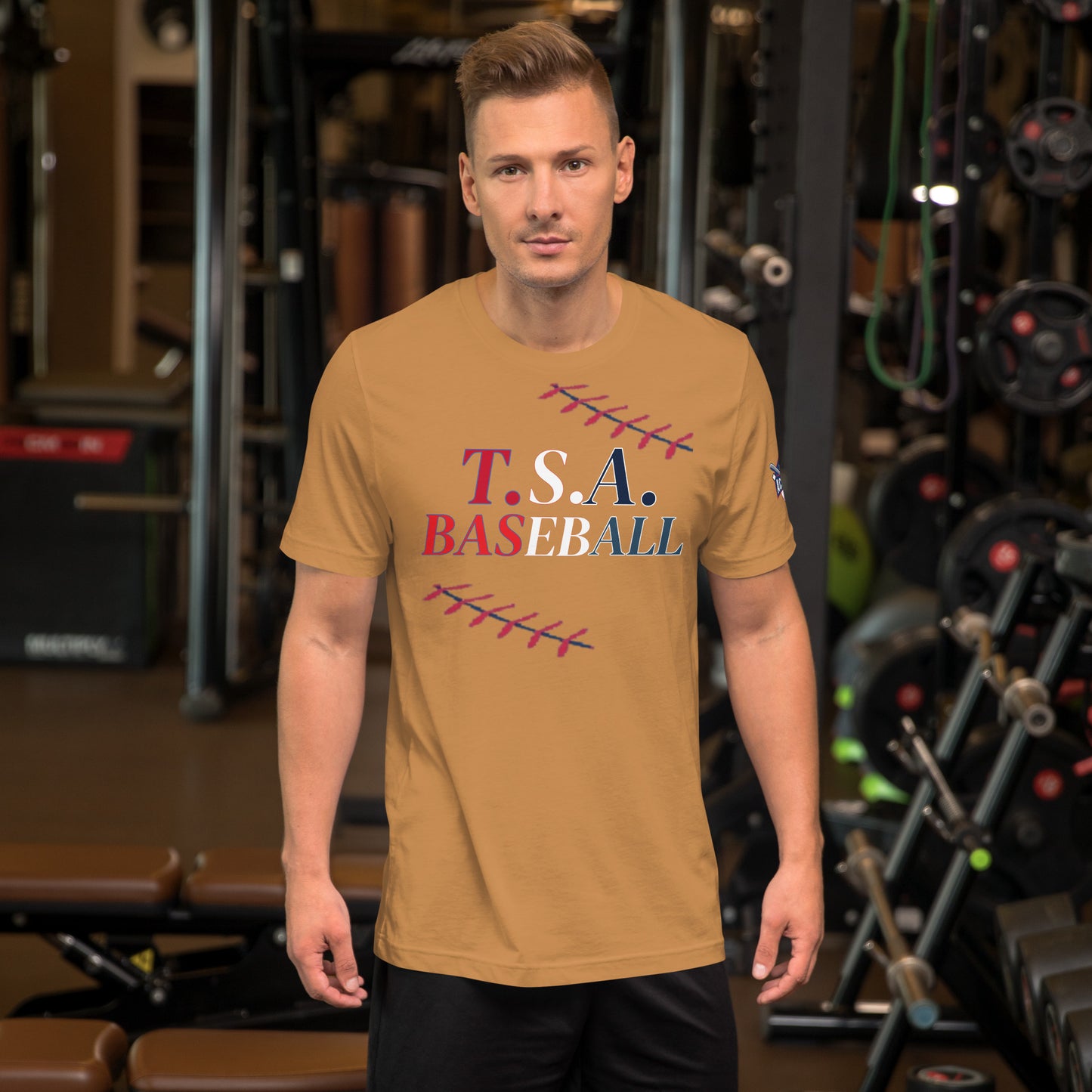 T.S.A. Baseball. "With seams" red,white, and blue. Unisex t-shirt
