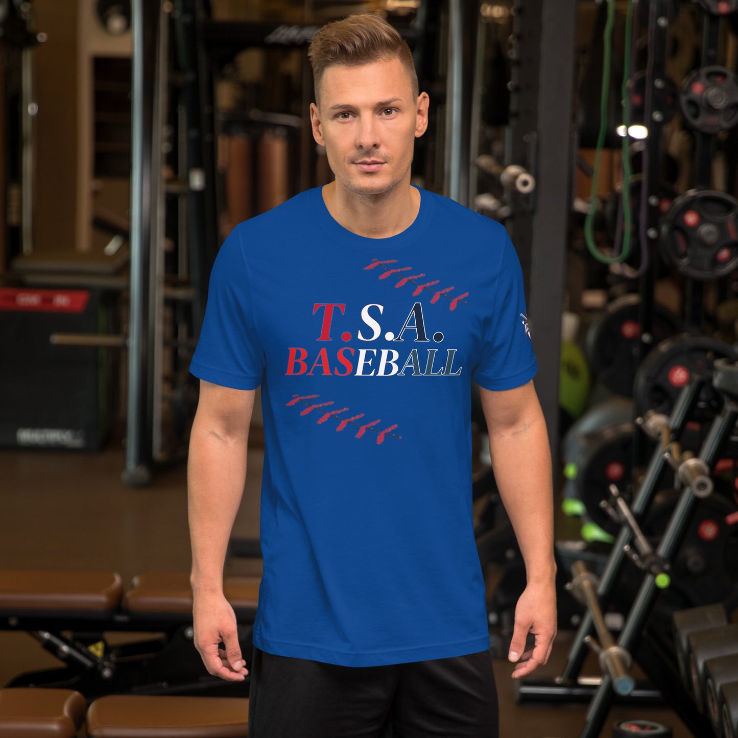 T.S.A. Baseball. "With seams" red,white, and blue. Unisex t-shirt