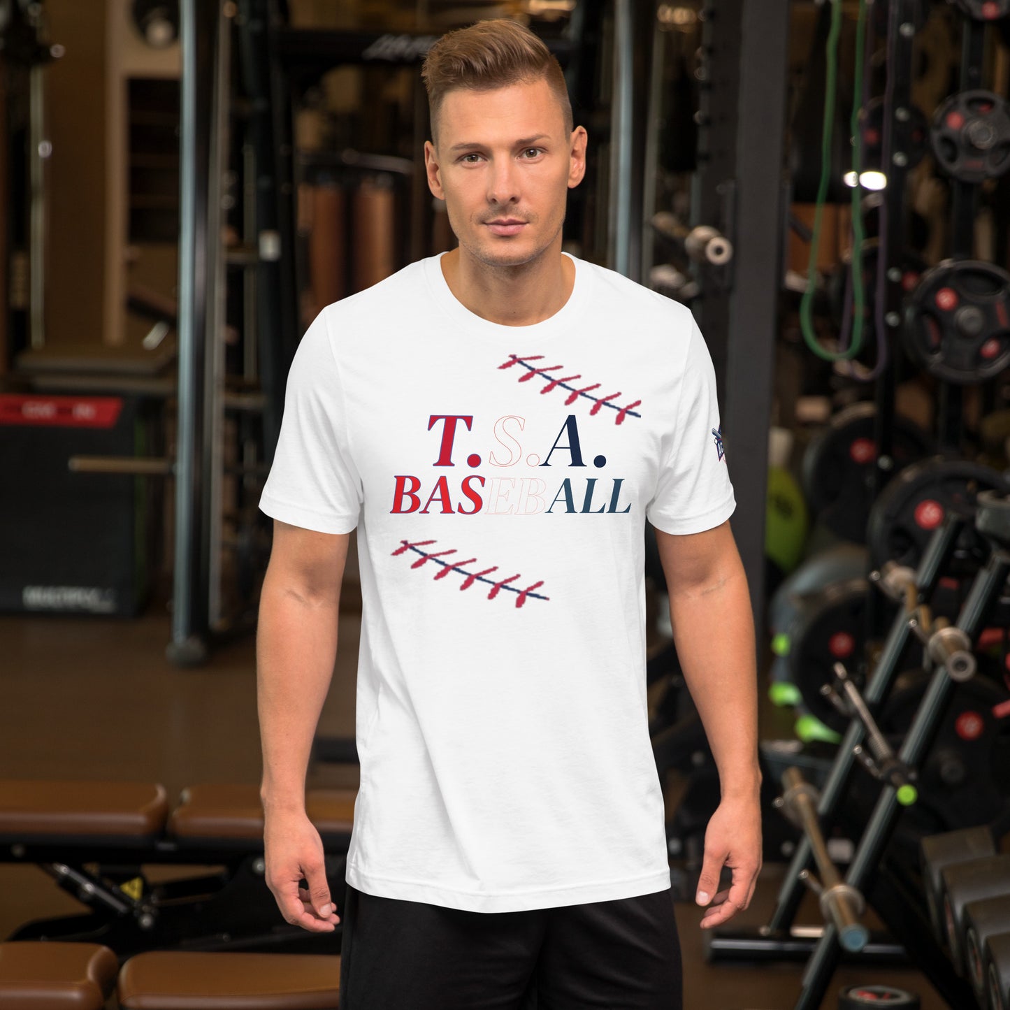 T.S.A. Baseball. "With seams" red,white, and blue. Unisex t-shirt