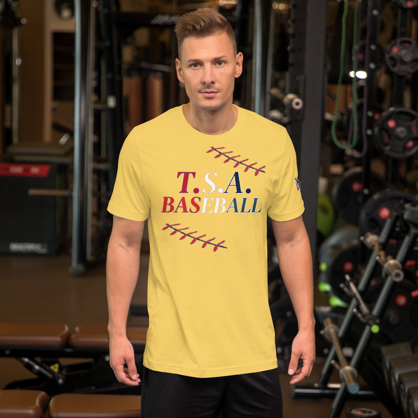 T.S.A. Baseball. "With seams" red,white, and blue. Unisex t-shirt