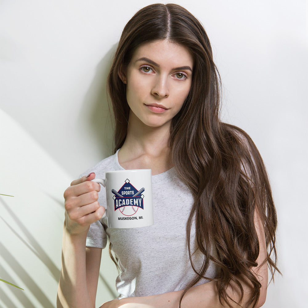 The Sports Academy "Muskegon,MI." White glossy mug