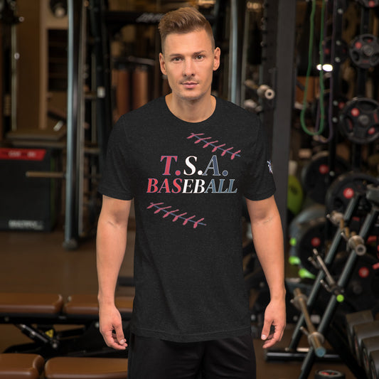 T.S.A. Baseball. "With seams" red,white, and blue. Unisex t-shirt