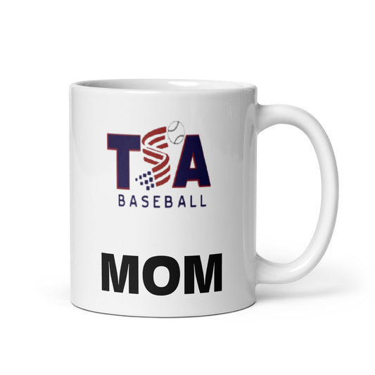 T.S.A. Baseball "Mom" White glossy mug