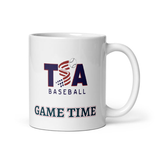 T.S.A. Baseball. "Game Time" White glossy mug